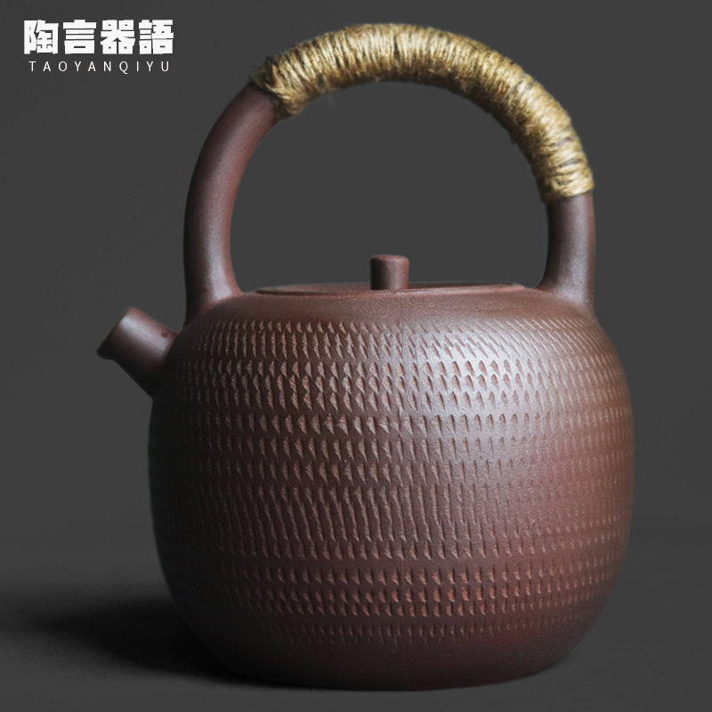 复古粗陶老岩泥圆融提梁煮茶壶中式茶道明火电陶炉大容量烧水壶