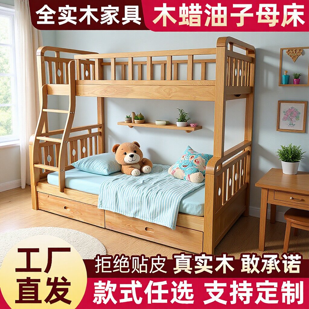 全实木榉木儿童上下铺书架