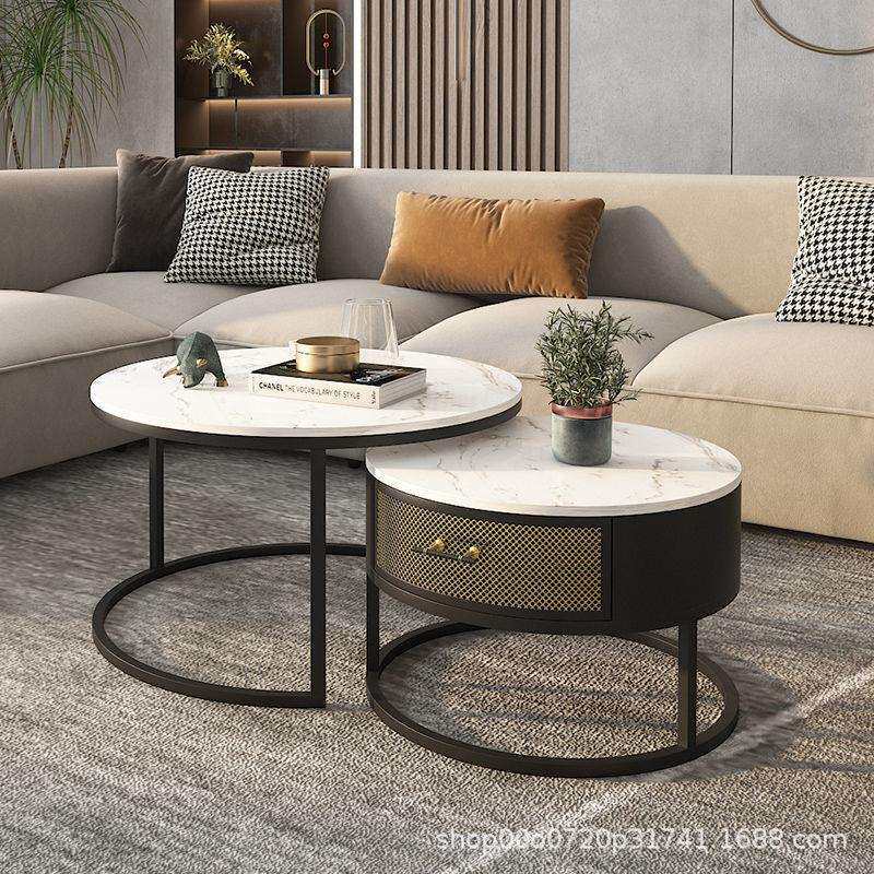 is简约风茶几北欧大理石圆形茶几组合轻奢岩板小户型现代客厅家用