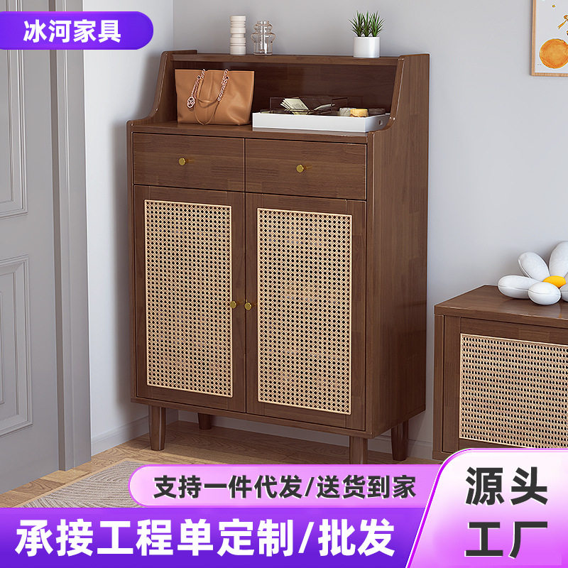 实木鞋柜客厅入户置物鞋架家用门口收纳储物柜印尼藤编透气玄关柜