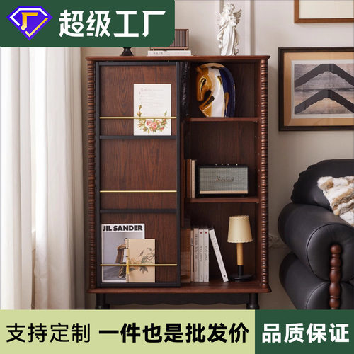 法式实木书柜带玻璃门客厅靠墙斗柜展示柜家用中古风收纳储物柜子