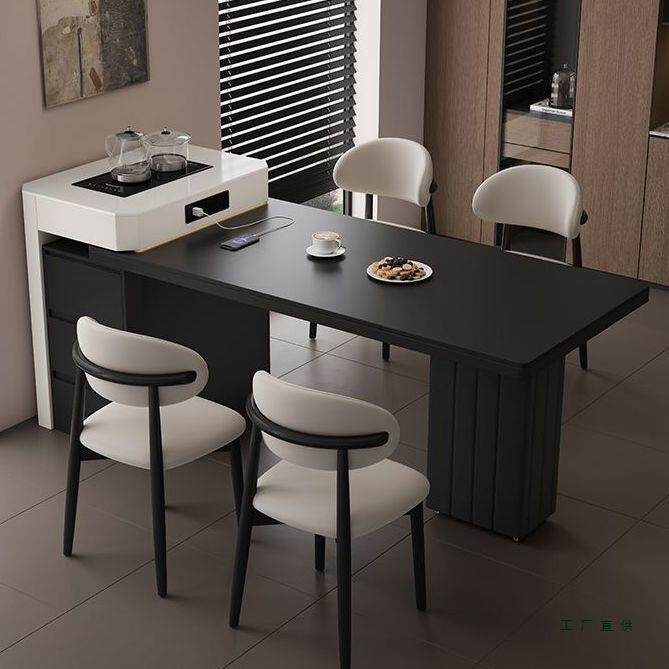 简约岛台餐桌一体伸缩岩板现代小户型家用多功能实木吃饭泡茶桌子