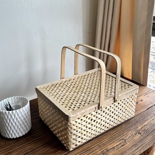 天然竹编礼盒竹篮带盖子手提野餐篮节假J日包装篮端午中秋节食品