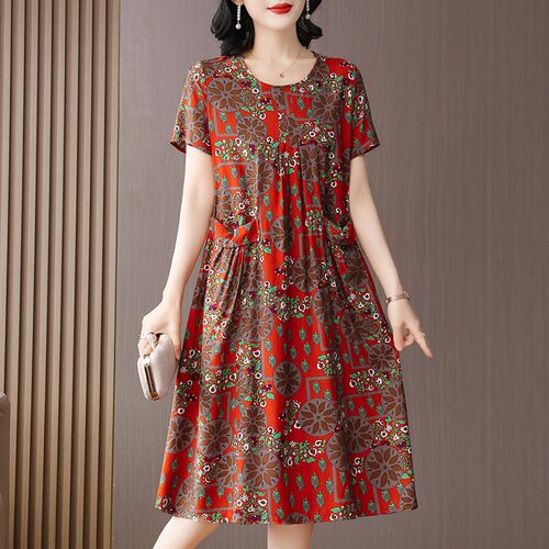 棉绸睡衣女夏季薄款短袖宽松睡裙C中年人造棉凉爽妈妈连衣裙有口