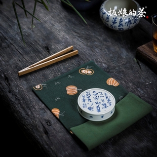 宽19cm 纯棉刺绣南瓜茶席长31cm 家用干泡桌垫茶道配件茶垫吸水强