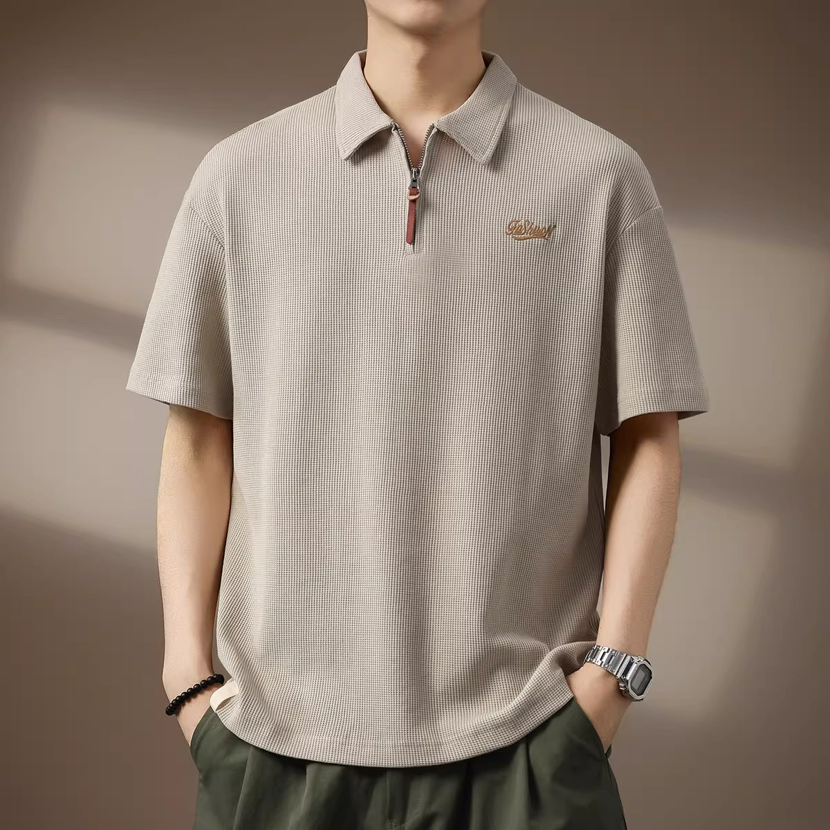 【日本冈山】华夫格短袖Polo衫男款半拉链重磅翻领短袖大码t恤男