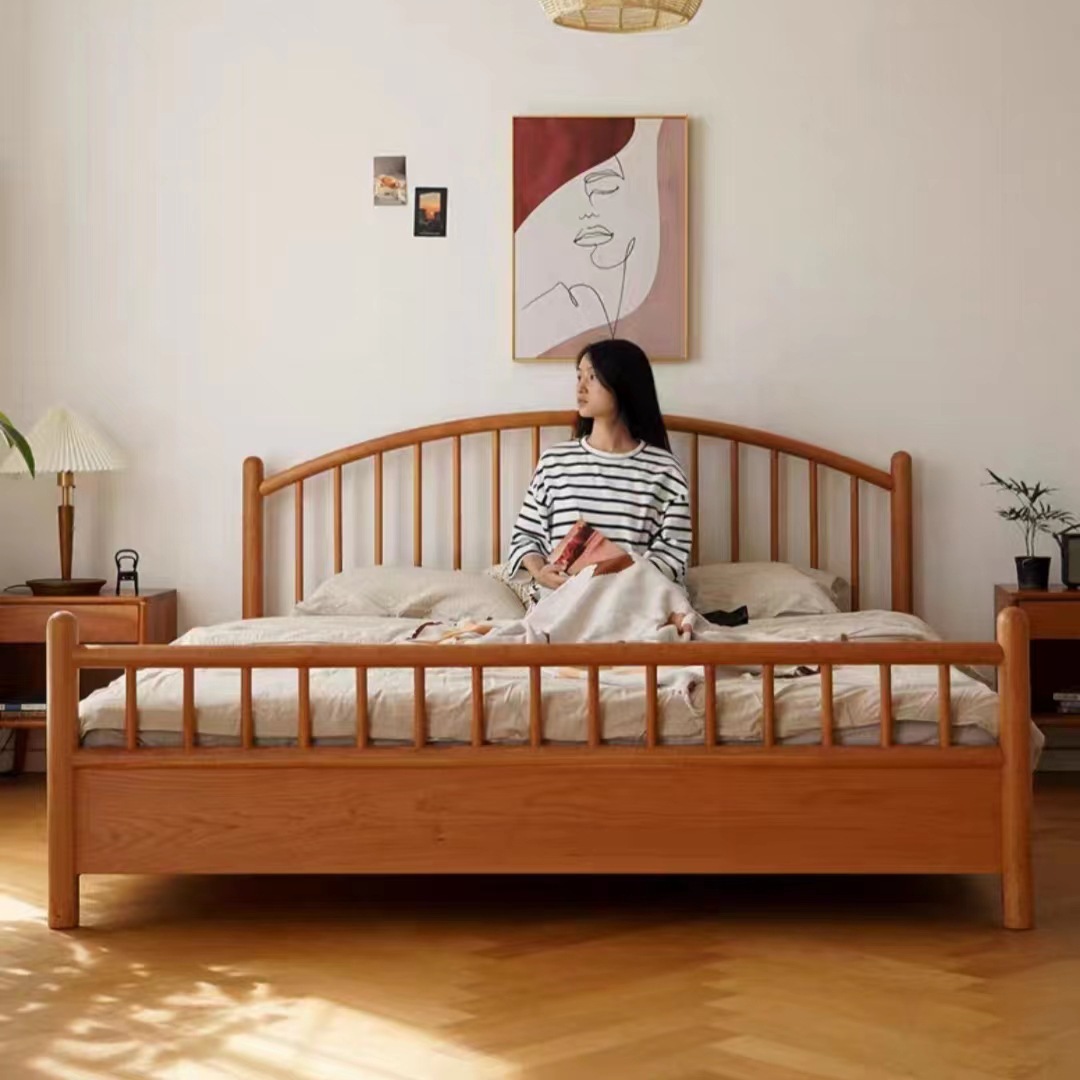 日式全实木床1.8米无漆原木卧室家具公主床双人复古樱桃木床