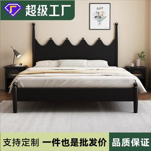 美式复古实木床黑色主卧1.5m1.8米双人床中古风家具轻奢法式婚床