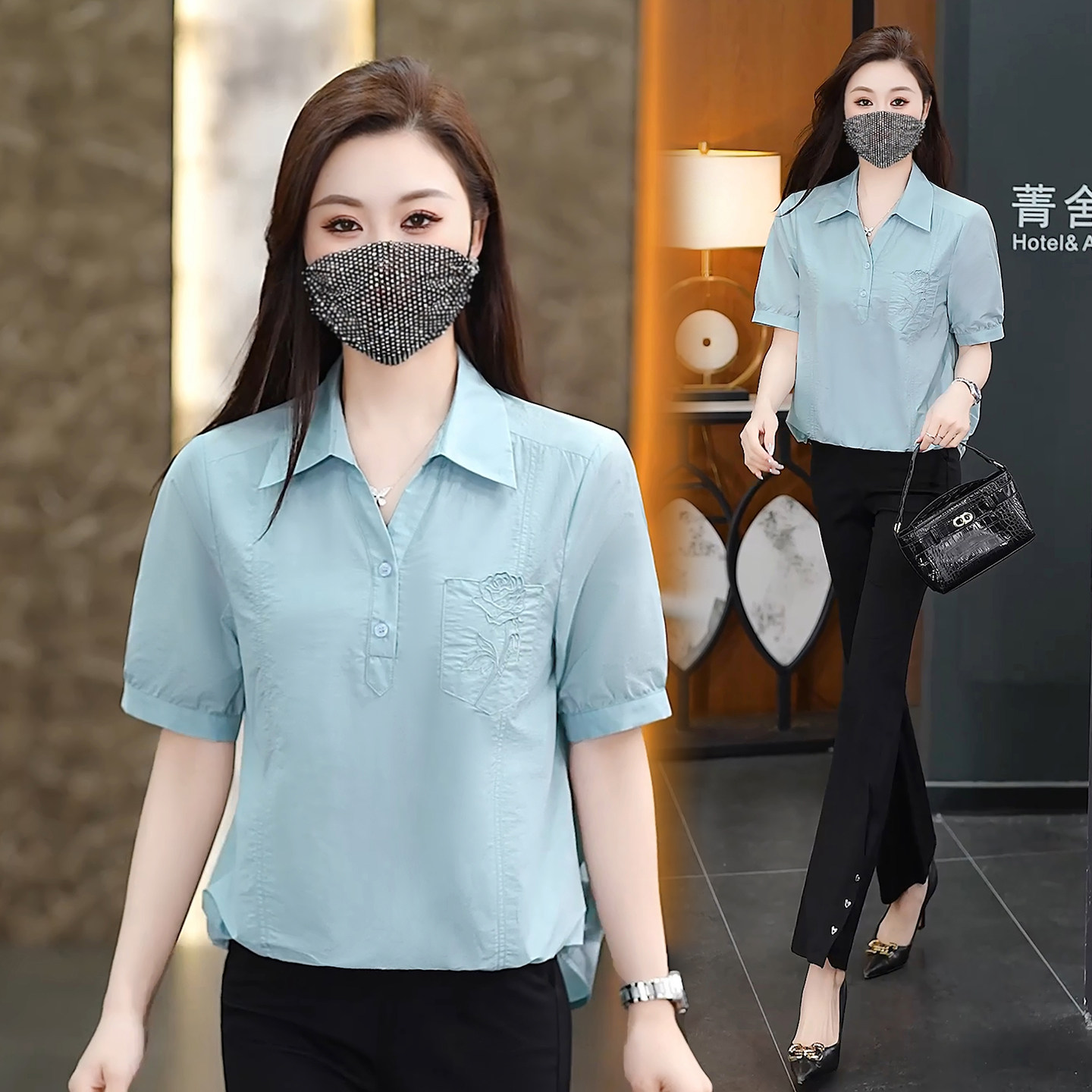 2026新款刺绣短袖衬衫女夏韩版宽松显瘦洋气Polo领上衣小衫妈妈装