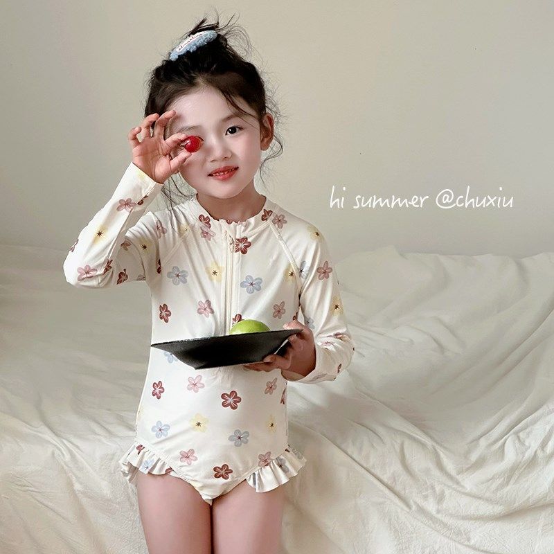 ins儿童泳衣女孩2025新款长A袖防晒连体泳装宝宝中小童洋气游泳衣