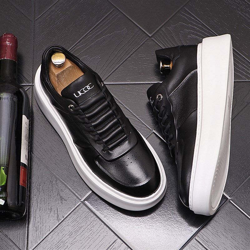 新品男士圆头小白鞋时尚厚底潮男单鞋系带休N闲板鞋低帮青年男鞋