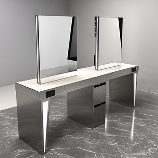 美发店镜子发廊专用高端美发烫染桌子时尚剪发镜台双面四面不锈钢