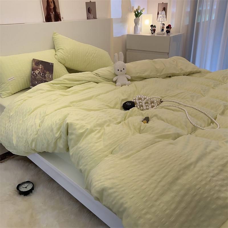 韩式风贴标款小泡泡蜜瓜绿床上用品床单四件套纯色简约被套三件套