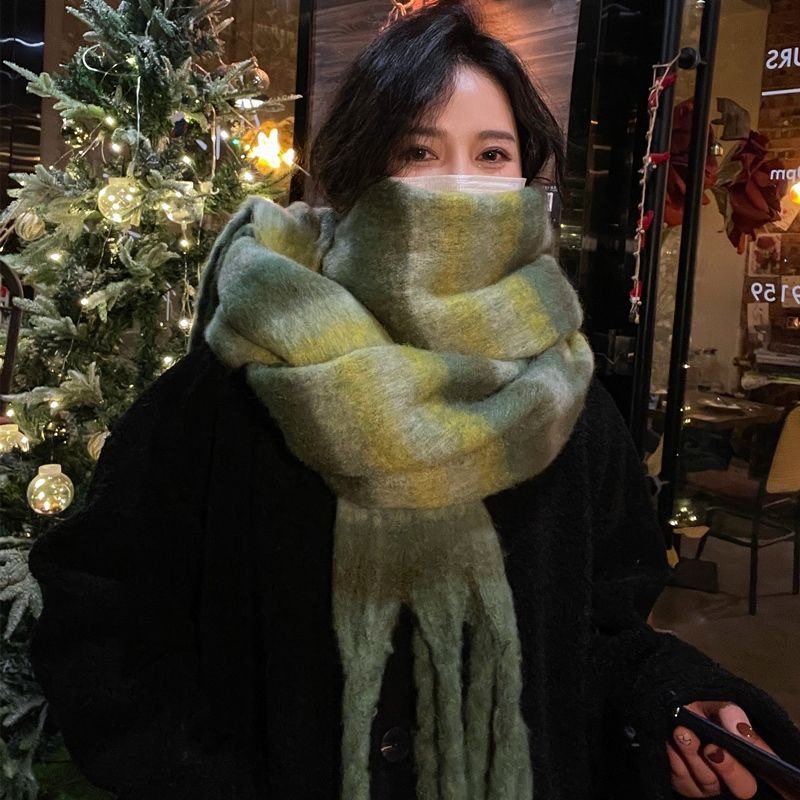 韩版条纹围巾冬季女生高级感拉毛彩色保暖围脖学生情侣款披肩两用