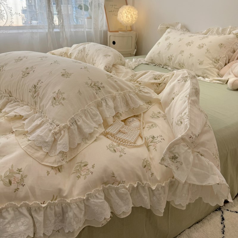 仙女款荷叶边全棉双层纱四件套公主风被套少女心床裙1.8m床品