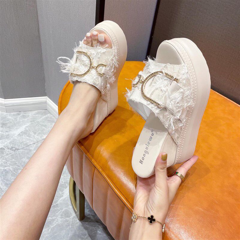 新款坡跟高跟鞋10CM防水台松糕厚底百搭时尚P内增高鱼嘴凉拖鞋女