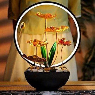 简约客厅茶几玄关莲花流水循环招财摆件电视柜茶桌装 新中式 饰台灯