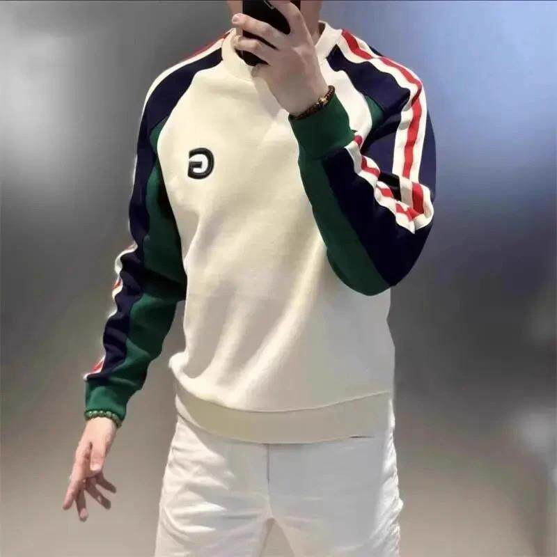 娜姐男装轻奢店秋冬男长袖T恤欧货条纹撞色厚棉T时尚刺绣百打底衫