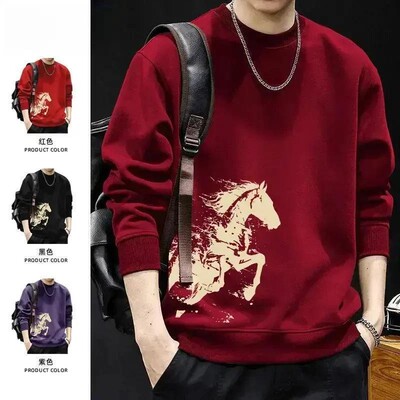 东诚优品策马奔腾酒红色卫衣男款秋冬马年本命年情侣外套加绒上衣