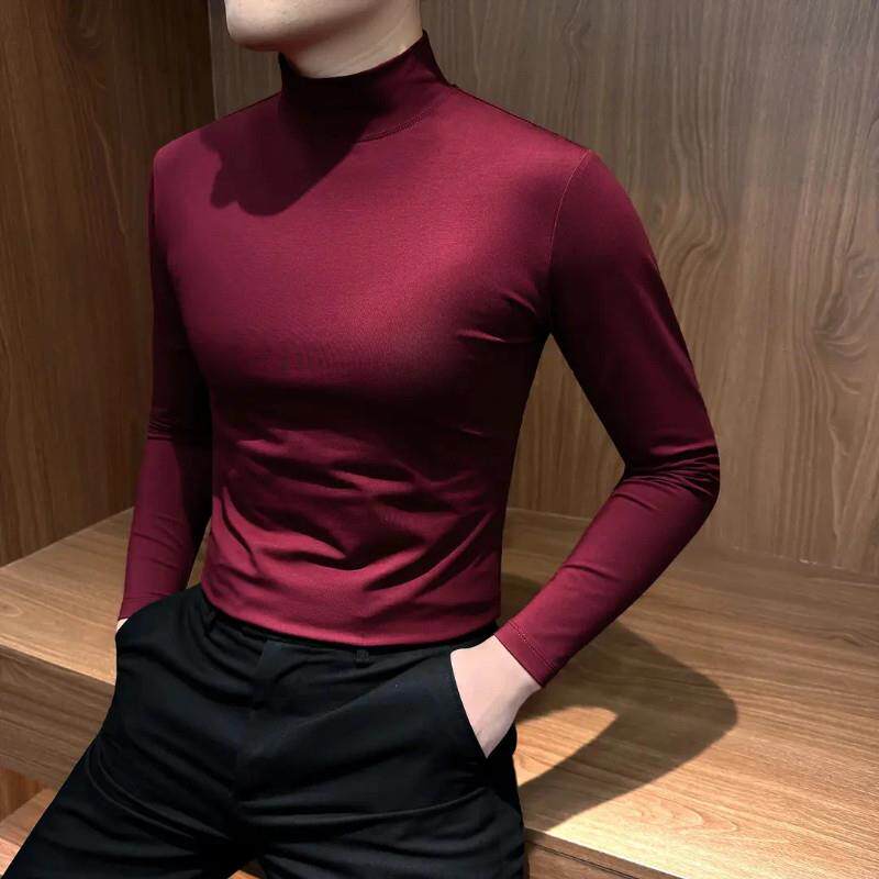 鹏然轻奢男装莫代尔长袖内搭衣半高领高级感上衣秋冬季男士休闲T