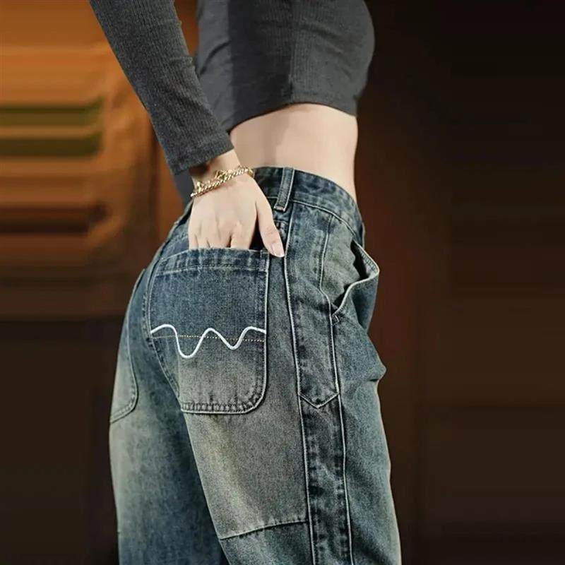 惦云精选秋冬季男士潮流牛仔裤复古直筒宽松拼接百搭无弹男裤户外