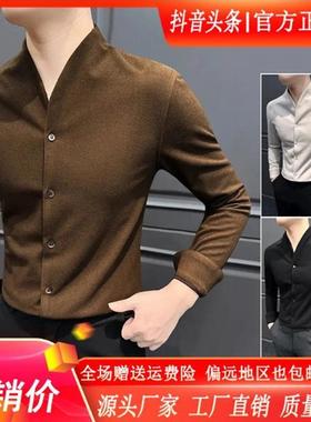 Elbaph轻奢男装双十一羊毛衬衫新a中式立领中山装秋冬毛呢厚款保