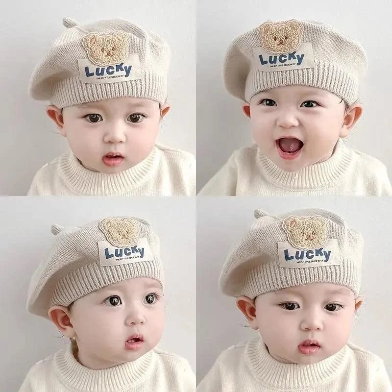 1维也纳品质甄选儿童贝雷帽秋冬季韩小熊婴幼儿男童针织毛线画家