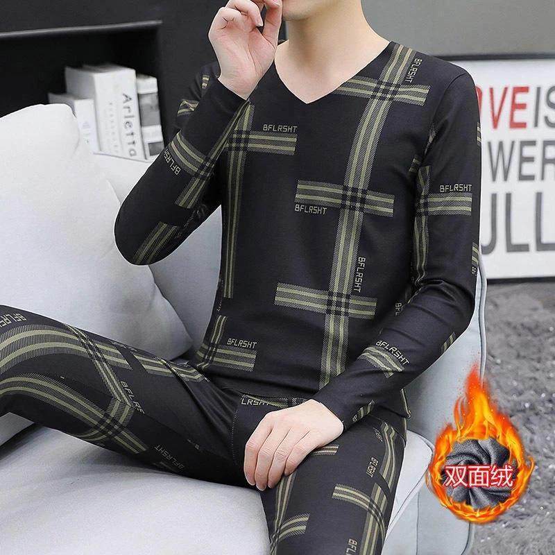 乐诚力精品轻奢服饰冬季男士德绒发热衣裤V领薄款加绒打底棉