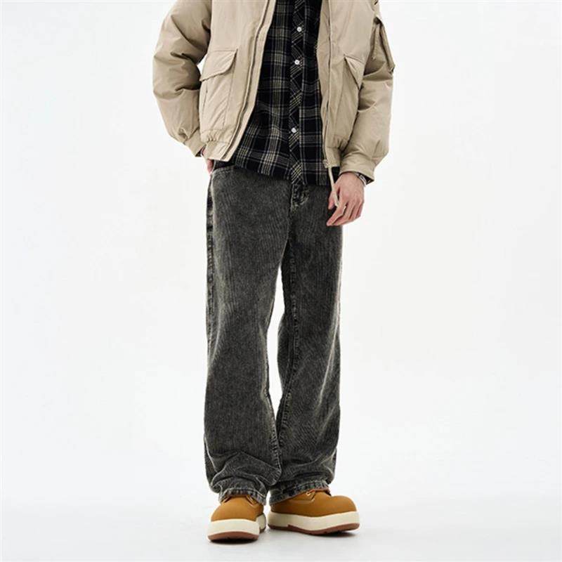 拜伦轻奢馆秋冬男士美式宽松个性粗条纹百搭休闲水洗灯芯绒牛仔裤