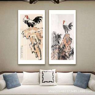 徐悲鸿雄鸡图玄关装饰画金鸡报晓客厅挂画新中式走廊过道墙面壁画
