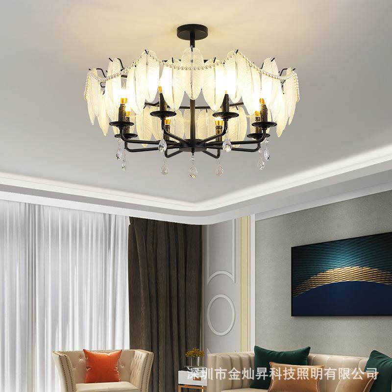 美式巴洛克吊灯复古田园客厅餐厅卧室玄关玻璃贝壳羽毛珍珠黑色灯