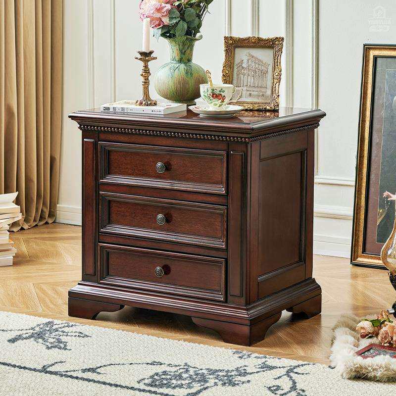 美式实木床头柜金丝柚木全实木卧室床边储物柜三抽柜子帝罗堡家具