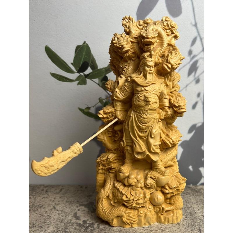桧木九龙关公摆件精品木雕客厅关二爷人物神像武财神关羽工艺品