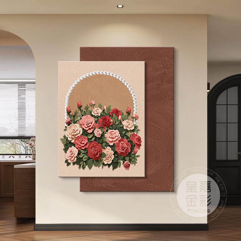 法式复古玄关装饰画玫瑰花卉入户正对门挂画led带灯走廊过道壁画