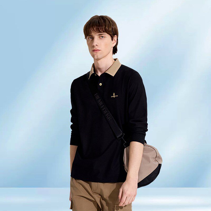 【清爽亲肤】比g音勒芬2025春季新款男士撞色翻领T恤长袖POLO衫