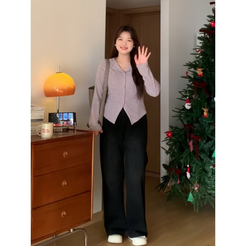 微胖的喵喵 大码mm秋冬显瘦新年红色E气质百搭针织开衫上衣女 367