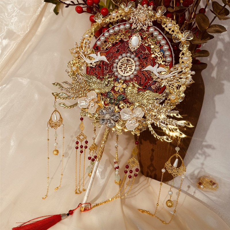 结婚团扇红色双面diys材料包喜扇遮面扇新娘秀禾中式婚礼扇子送礼