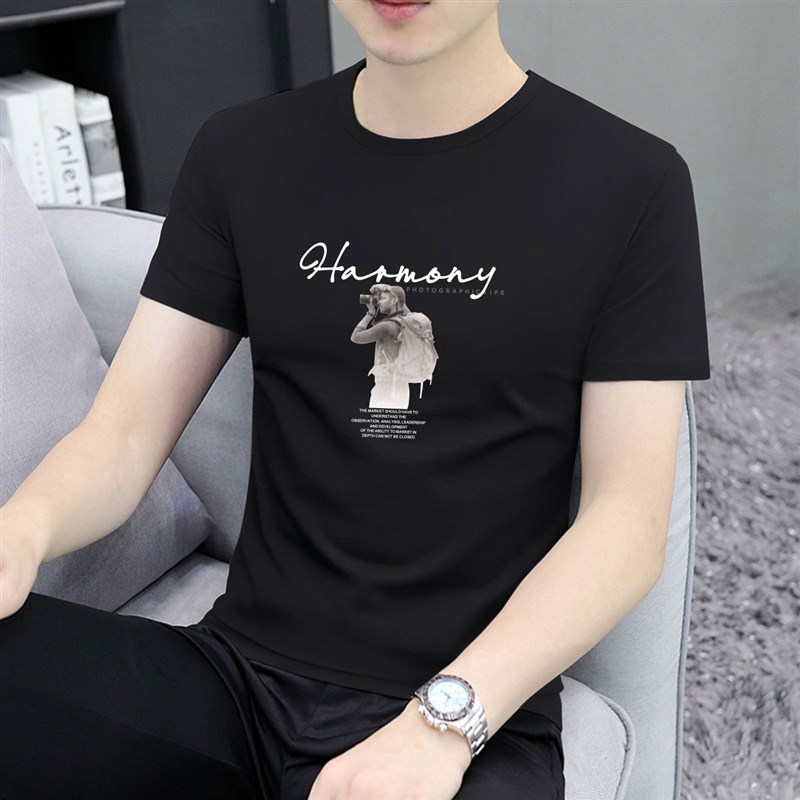 白色圆领男士t恤短袖打底衫x潮流纯棉大码修身半袖印花休闲上衣服