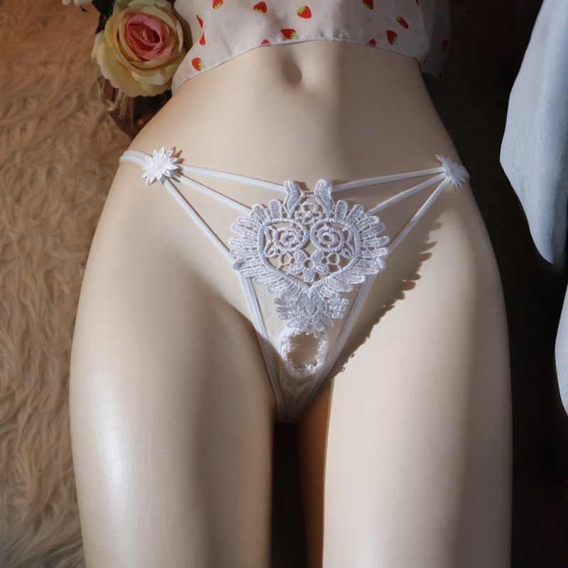 性感男士丁字丁字l裤蕾丝刺绣镂空低腰透明免脱伪娘诱惑激情飞机
