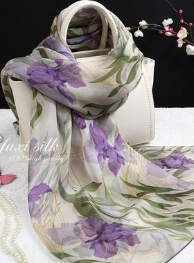 紫色鸢尾花100%桑蚕丝长款真丝丝巾披肩L女士春秋冬夏季丝绸围巾