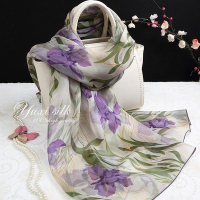 紫色鸢尾花100%桑蚕丝长款真丝丝巾披肩L女士春秋冬夏季丝绸围巾