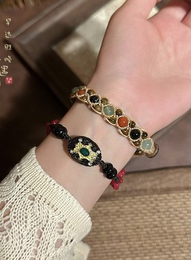 手作款~民族风天然石o串珠手链女波西米亚风手工编绳小众精致手饰