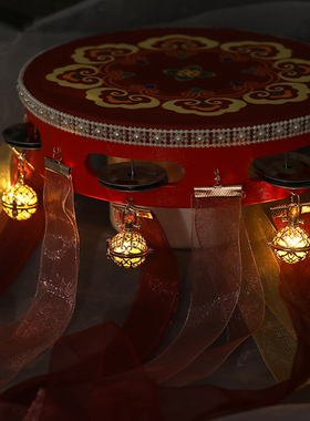 汉服手拿鼓红色i飘带手鼓古风饰品国潮风配饰手持铃铛鼓复古彩带