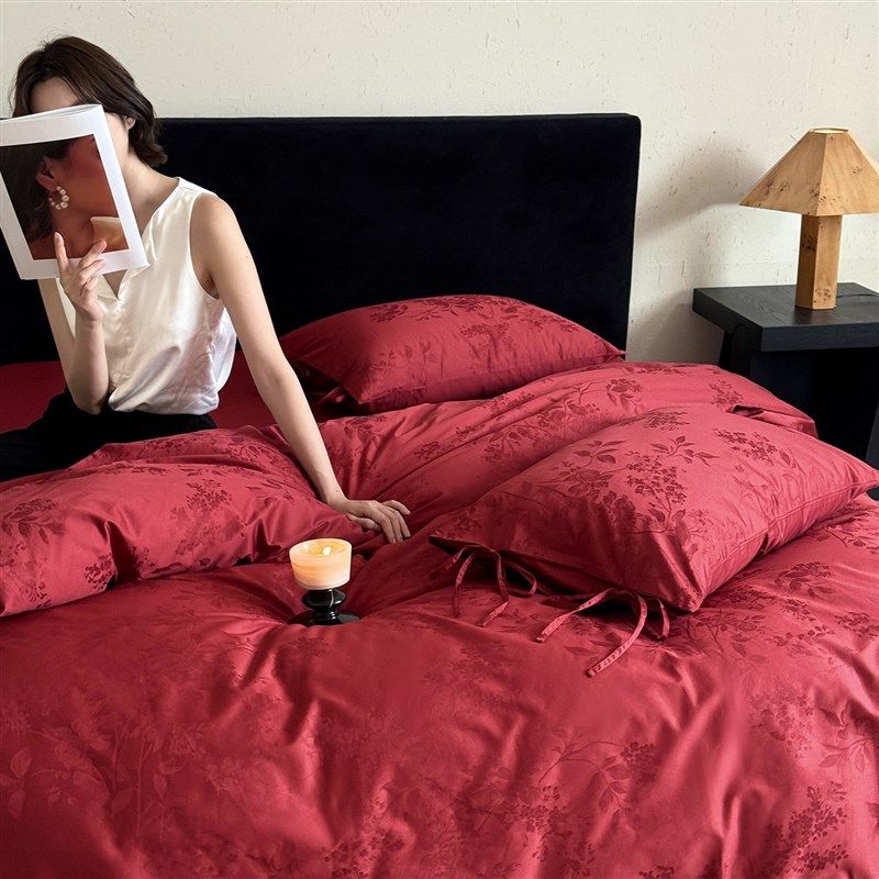 简约100S长绒棉提o花结婚四件套红色全棉床单被套纯棉婚嫁床上用