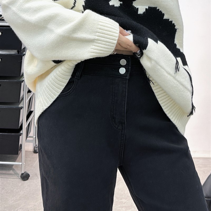 大码直筒牛仔裤女秋冬2023w新款加绒加厚胖mm显瘦九分小个子烟管