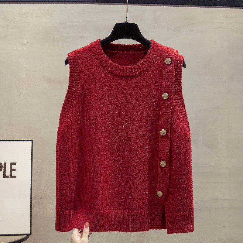 圆领开叉针织马甲背心女2024春秋D新款宽松外穿马夹叠穿毛衣坎肩