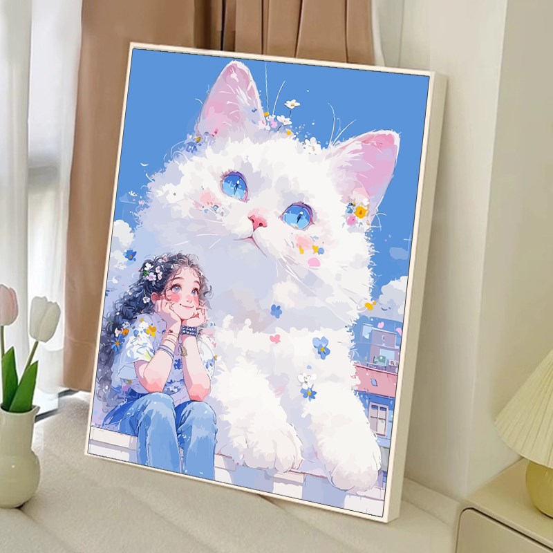 女孩和猫宫崎骏风diy数字油画手绘丙烯填L充填色成人解闷卡通装饰图片