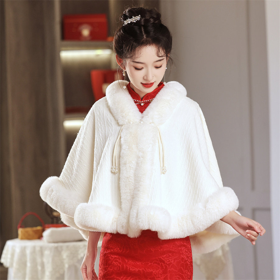 新娘结婚毛披肩婚纱披肩斗篷婚礼保暖披风白色大码伴娘.皮草外搭