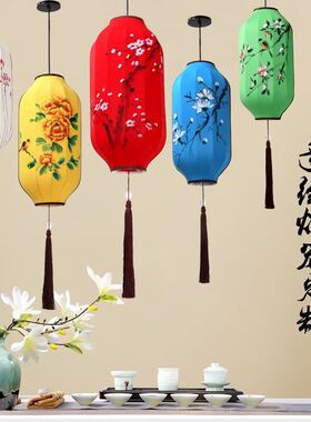 中式布艺发光花瓶吊灯创意定制白色厅中国风红色中式红灯笼吊宫灯