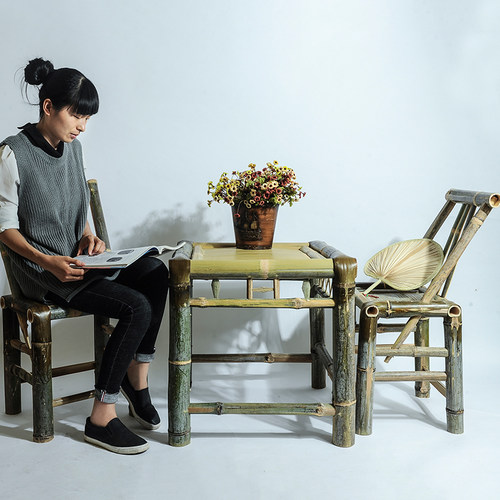 竹椅子靠背椅老式手工家用藤椅老人儿童单人休闲户外餐椅竹桌茶几